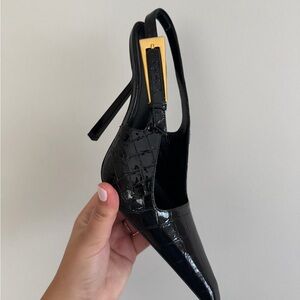 Saint Laurent Black Croc-Embossed Slingback Heels